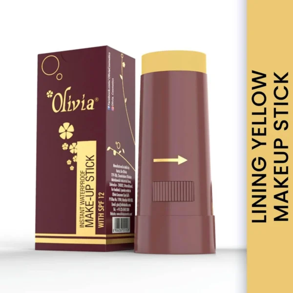 Olivia Instant Waterproof Makeup Stick with SPF 12-07 Linning Yellow | 3-in-1 Foundation, Concealer & Moisturizer | Sweatproof, Long-Lasting Base Makeup | Evens Skin Tone & Hides Blemishes
