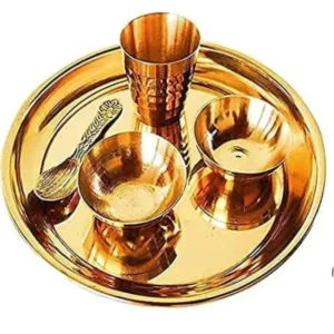 Brass Pooja Thali Set | 5-Piece Traditional Bhog Plate with Spoon, Glass & 2 Katoris | Ideal for Home, Office, and Temple