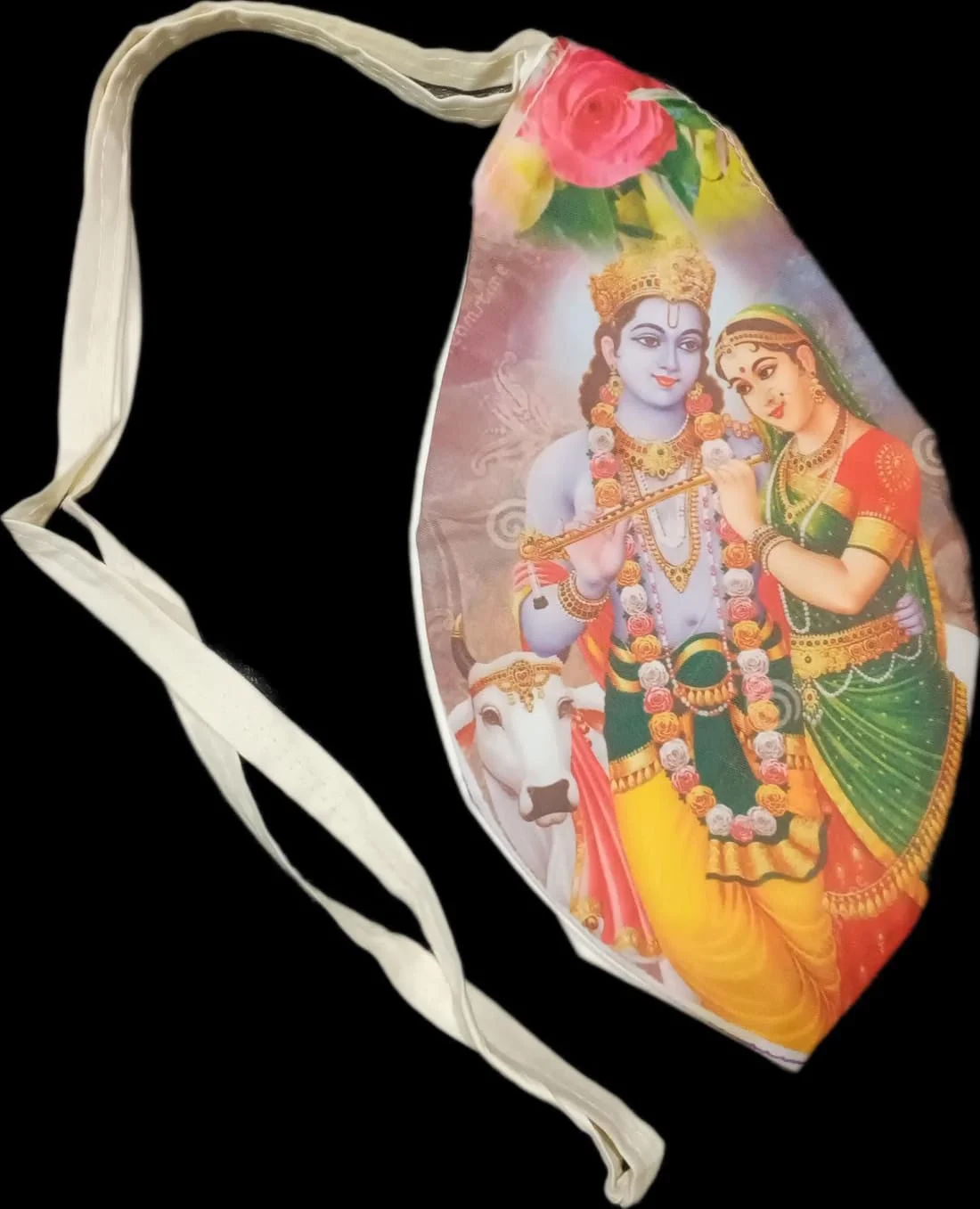 Mala Jholi for Mala, Printed With Radha Krishna Ji, With Zipper / Chain { White in Colour }
