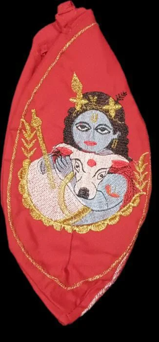Mala Jholi for Mala, Embroidery of Shri Krishn Ji , With Zipper / Chain { Red in Colour }