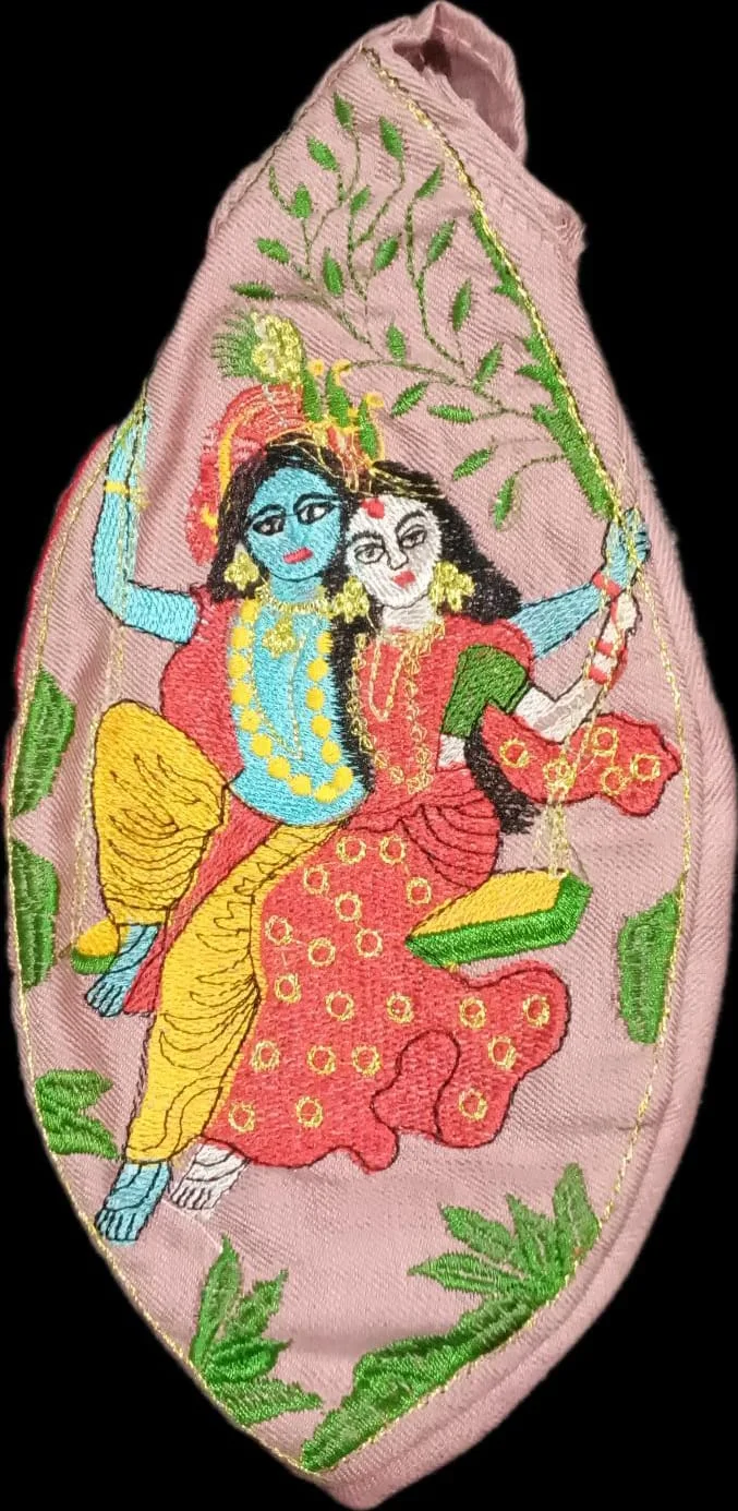 Mala Jholi for Mala, Embroidery of Krishn & Radha Ji , With Zipper / Chain { Rose Gold in Colour }