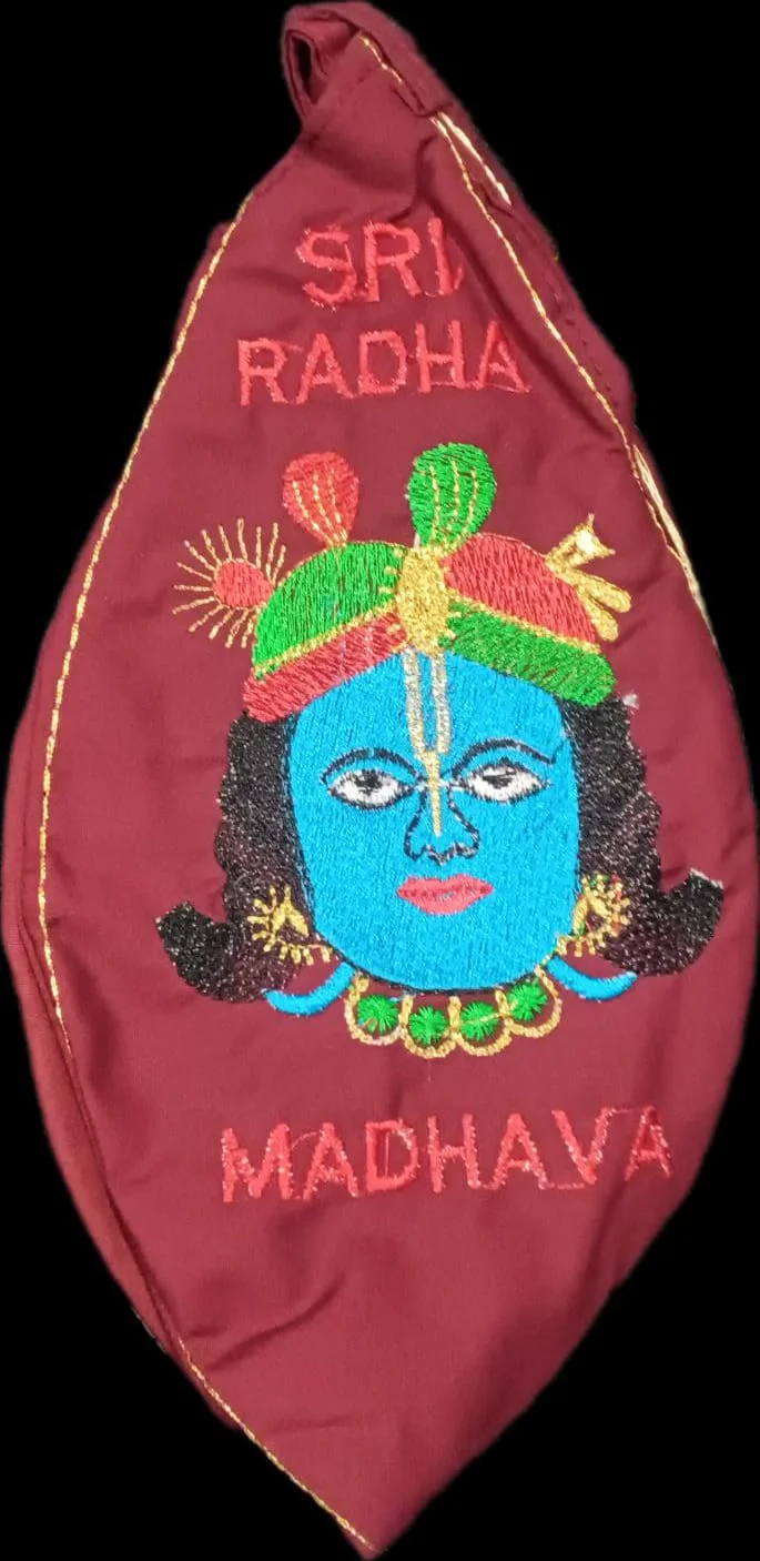 Mala Jholi for Mala, Embroidery of Madhava , With Zipper / Chain { Crimson in Colour }