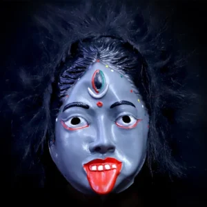Kali Maa Rubber Face Mask / Kali Mata Rubber Mask for Fancy Dress – Grey Color Goddess with Attached Hair|Religious Role for Kids & Adults