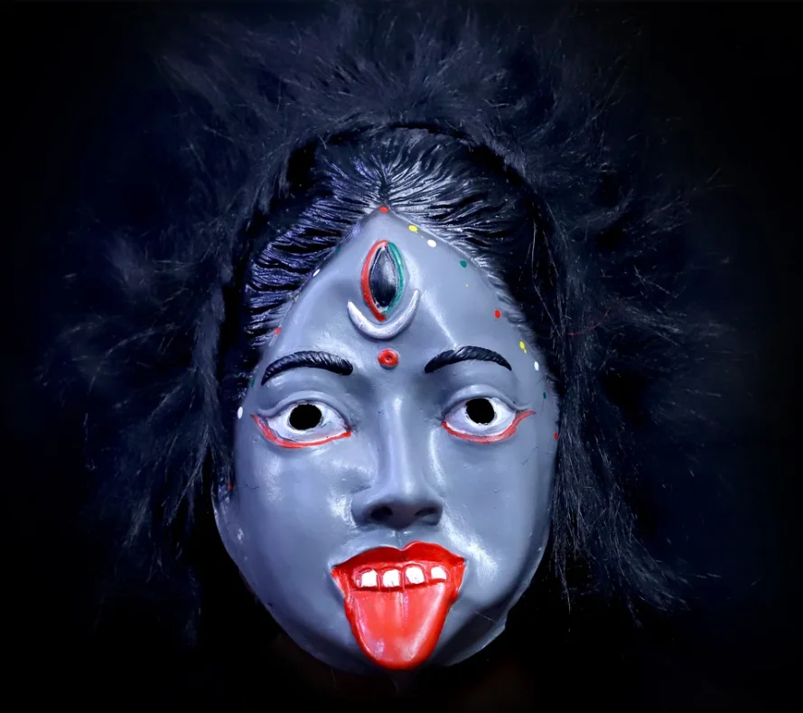 Kali Maa Rubber Face Mask / Kali Mata Rubber Mask for Fancy Dress – Grey Color Goddess with Attached Hair|Religious Role for Kids & Adults