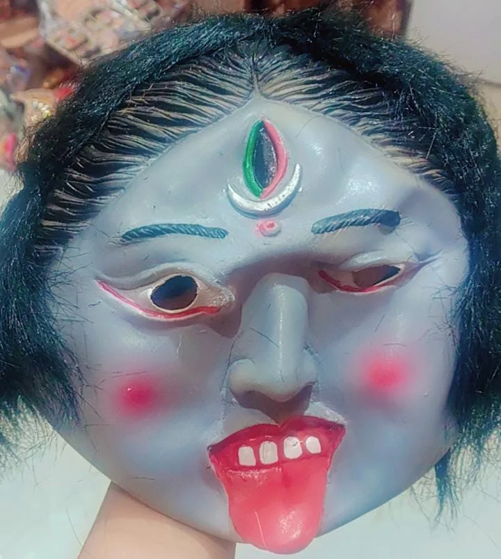 Kali Maa Rubber Face Mask / Kali Mata Rubber Mask for Fancy Dress – Grey Color Goddess with Attached Hair|Religious Role for Kids & Adults
