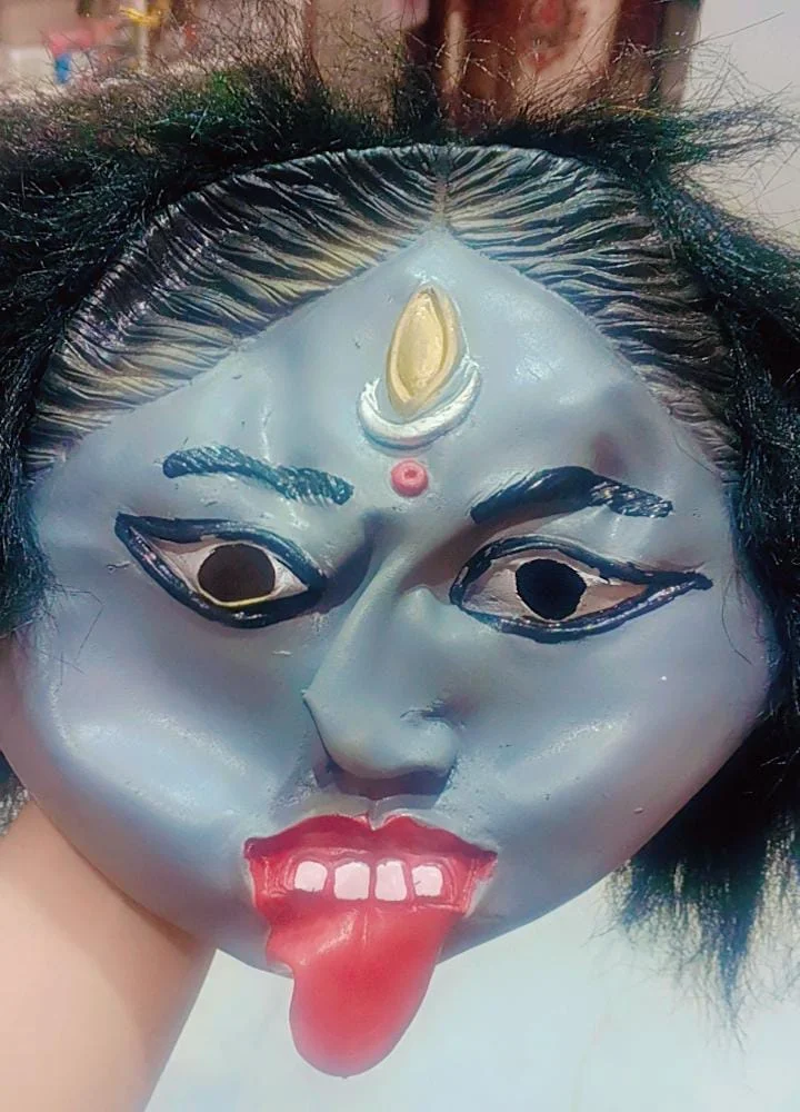 Maa Kali Rubber Face Mask / Kali Mata Rubber Mask for Fancy Dress – Grey Color Goddess with Attached Hair|Religious Role for Kids & Adults
