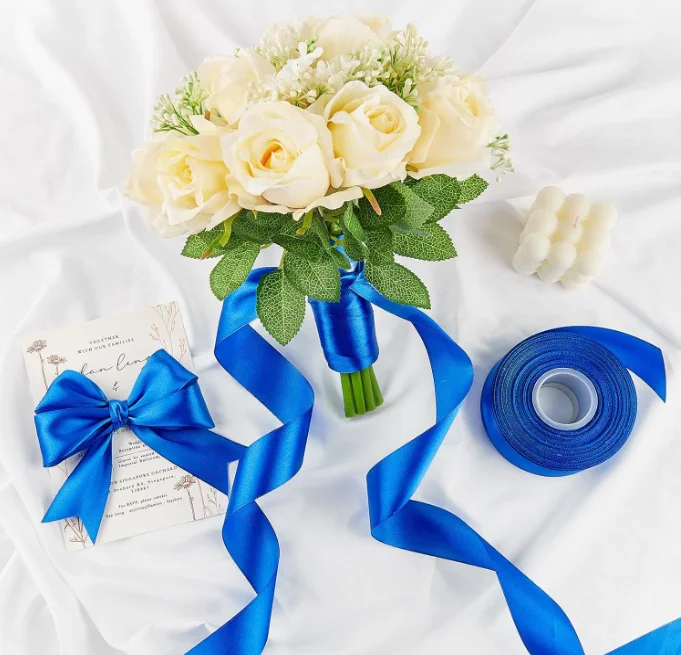 Satin Ribbon, Solid Fabric Ribbon Roll for Flower Bouquets, Gift Wrapping, Wedding, Handmade Crafts (Blue) - Image 6