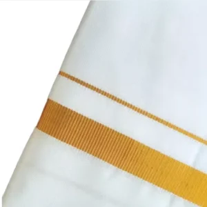 COTTON Men White Pure Cotton Single Layer Dhoti / Lungi / Gamcha with Gold Zari Border