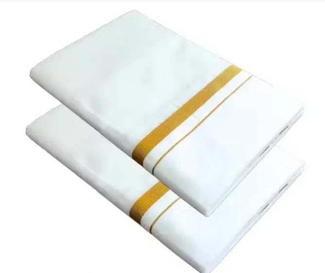 Premium Quality COTTON Men White Pure Cotton Single Layer Dhoti / Lungi / Gamcha with Gold Zari Border