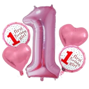 5 Pcs 1St Birthday Decoration For Girls,Birth-Day Decorations For Girl,First Birthday Decoration Items For Girl Child,1St Birth Day Decoration Items For Girls,First Birthday Decor-Foil,Pink
