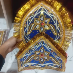 Traditional Kulla Mukut | Taj Mukut – Adjustable Size with Moti Work & Velcro Closure | Ideal for Ramleela, Goddess Costume & Fancy Dress Events