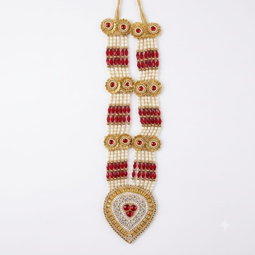 Traditional Artificial Pearl , Red and White Beaded Garland / Necklace or “Moti Mala”,”Dulha Mala” or “Paan Haar”).
