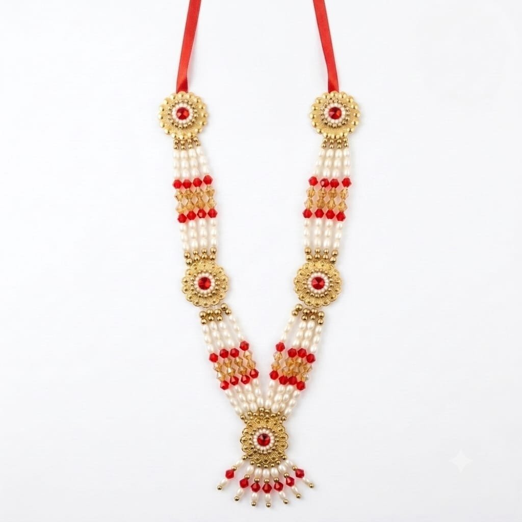 Traditional Artificial Pearl and Red Beaded Garland / Necklace or "Moti Mala","Dulha Mala" or "Paan Haar").