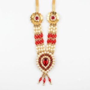 Traditional Short White and Red Beaded Garland / Necklace or “Moti Mala”,”Dulha Mala” or “Paan Haar”).