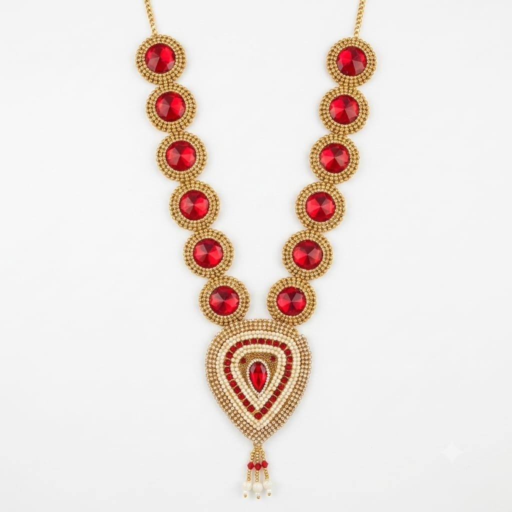 Traditional Artificial Pearl and Red Beaded With Jarkin Lace Garland / Necklace or “Moti Mala”,”Dulha Mala” or “Paan Haar”).