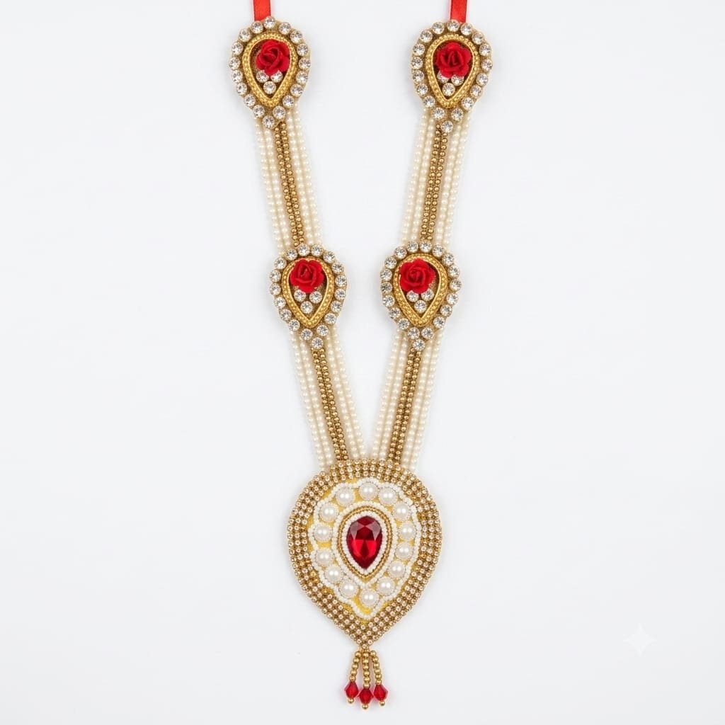Traditional Artificial white And Golden with white Stones Beaded With Jarkin Lace Garland / Necklace or “Moti Mala”,”Dulha Mala” or “Paan Haar”).