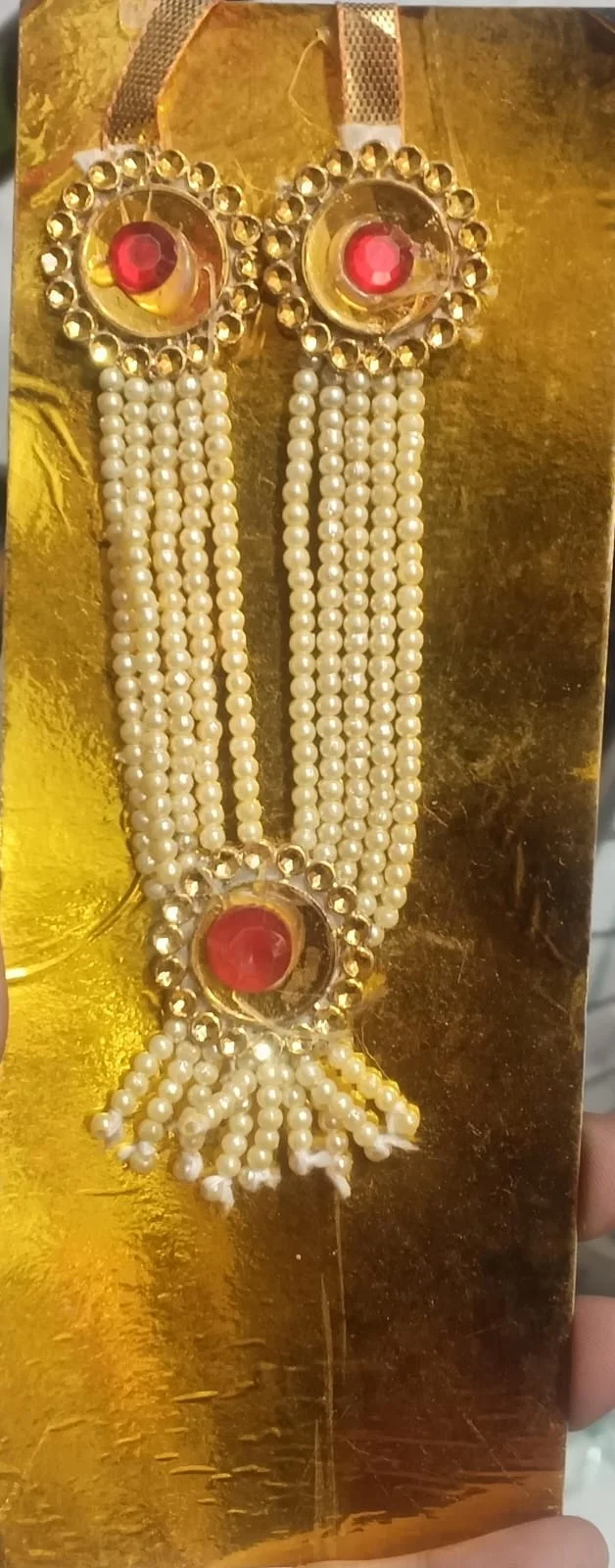 Traditional White and Golden Beaded Garland / Necklace or “Moti Mala” or “Paan Haar”). - Image 2