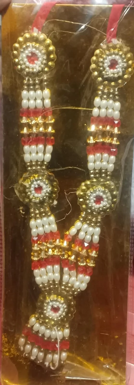 Traditional Artificial Pearl and Red Beaded Garland / Necklace or "Moti Mala","Dulha Mala" or "Paan Haar").