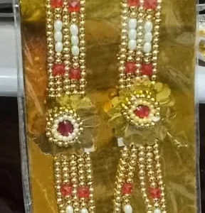 Traditional Artificial Pearl and Red Beaded With Jarkin Lace Garland / Necklace or “Moti Mala”,”Dulha Mala” or “Paan Haar”).