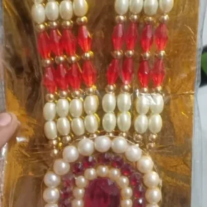 Traditional Short White and Red Beaded Garland / Necklace or “Moti Mala”,”Dulha Mala” or “Paan Haar”).