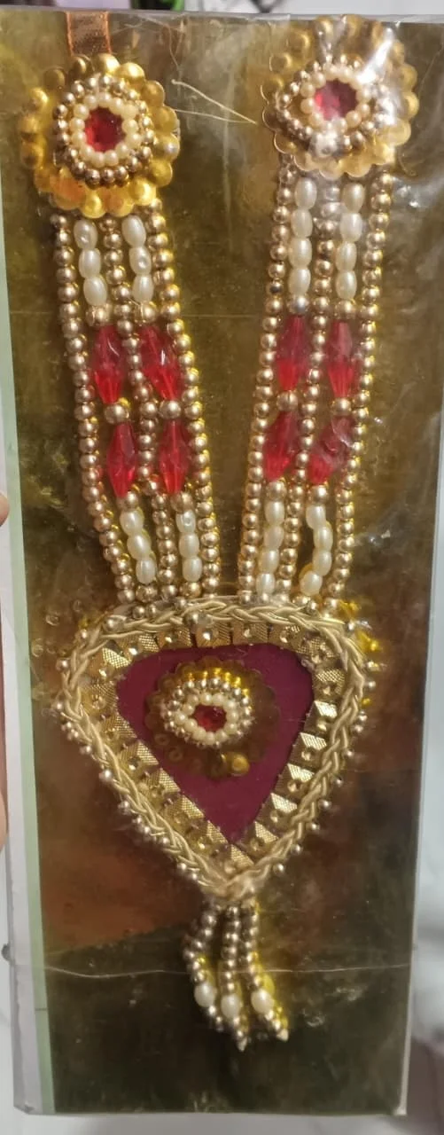 Traditional Golden, White and Red Beaded Garland / Necklace or “Moti Mala”,”Dulha Mala” or “Paan Haar”). - Image 2