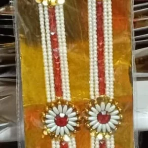 Traditional Artificial Pearl and Red Beaded With Jarkin Lace Garland / Necklace or “Moti Mala”,”Dulha Mala” or “Paan Haar”).
