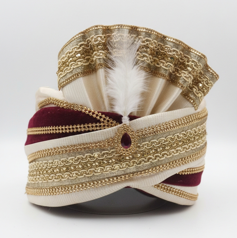 Wedding Pagdi for Men, Traditional Indian Groom Turban, Cream and Maroon with Golden Embellishments and Crystal Brooch Pagri / Pagdi / Pagadi / Safa - Image 4