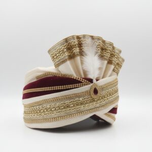 Wedding Pagdi for Men, Traditional Indian Groom Turban, Cream and Maroon with Golden Embellishments and Crystal Brooch Pagri / Pagdi / Pagadi / Safa