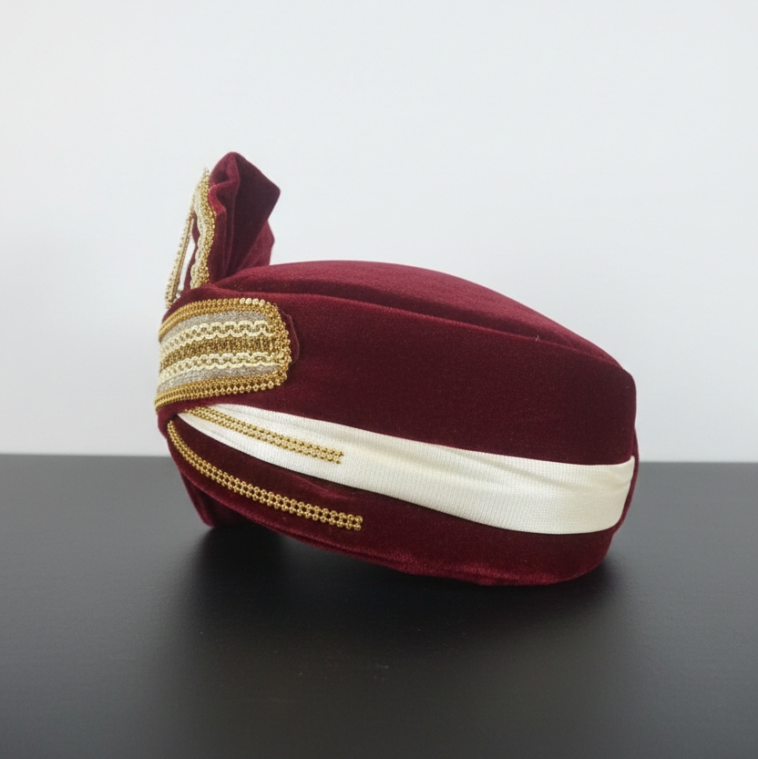Wedding Pagdi for Men, Traditional Indian Groom Turban, Cream and Maroon with Golden Embellishments and Crystal Brooch Pagri / Pagdi / Pagadi / Safa - Image 5