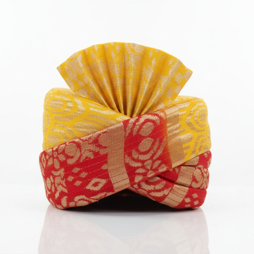 Men's Yellow Bandhej Work Wedding Safa for Groom (Safa BARATI-SUPER-MULTI, Yellow, Free Size) Pagri / Pagdi / Pagadi / Safa Multi Colour