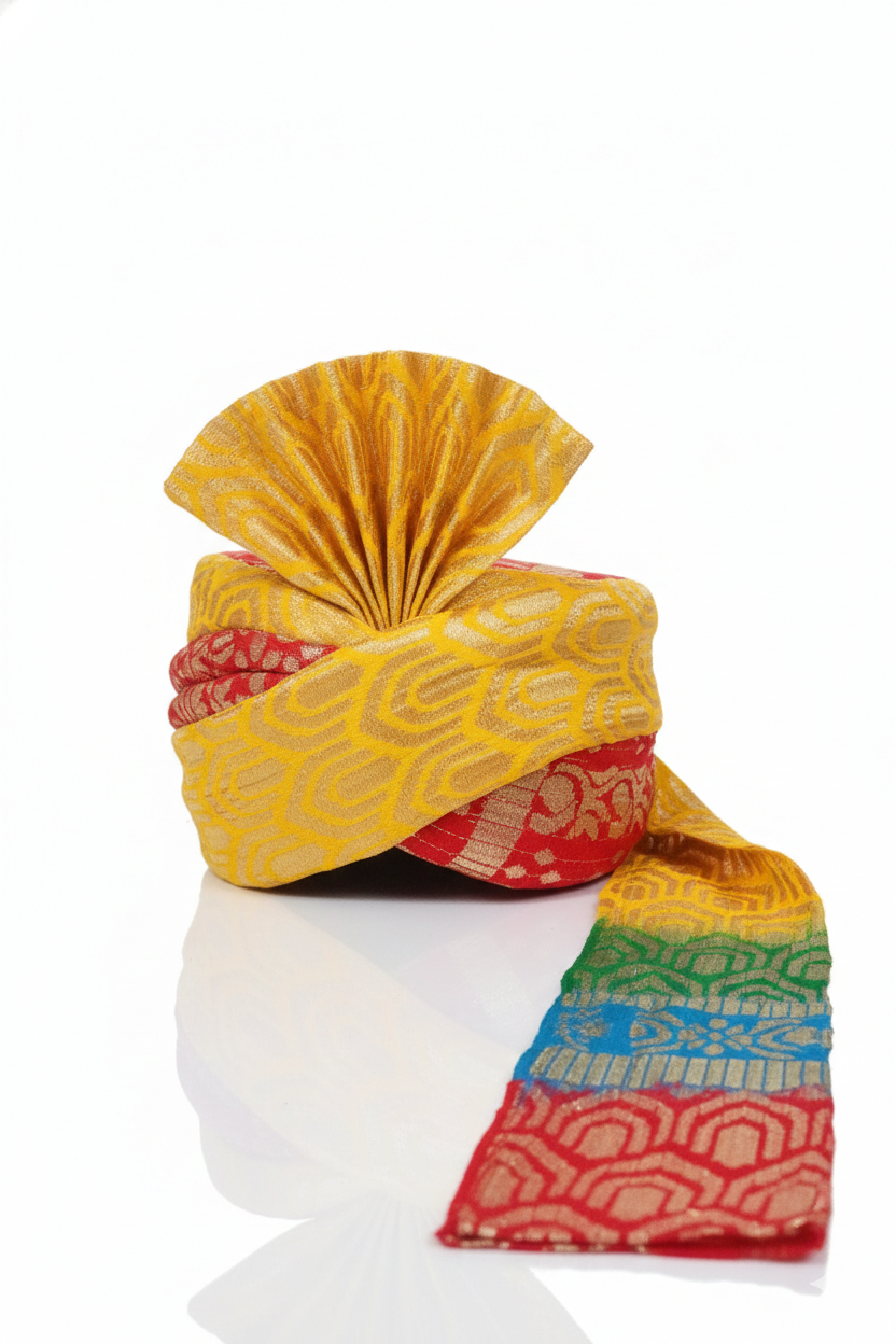 Men's Yellow Bandhej Work Wedding Safa for Groom (Safa BARATI-SUPER-MULTI, Yellow, Free Size) Pagri / Pagdi / Pagadi / Safa Multi Colour - Image 2
