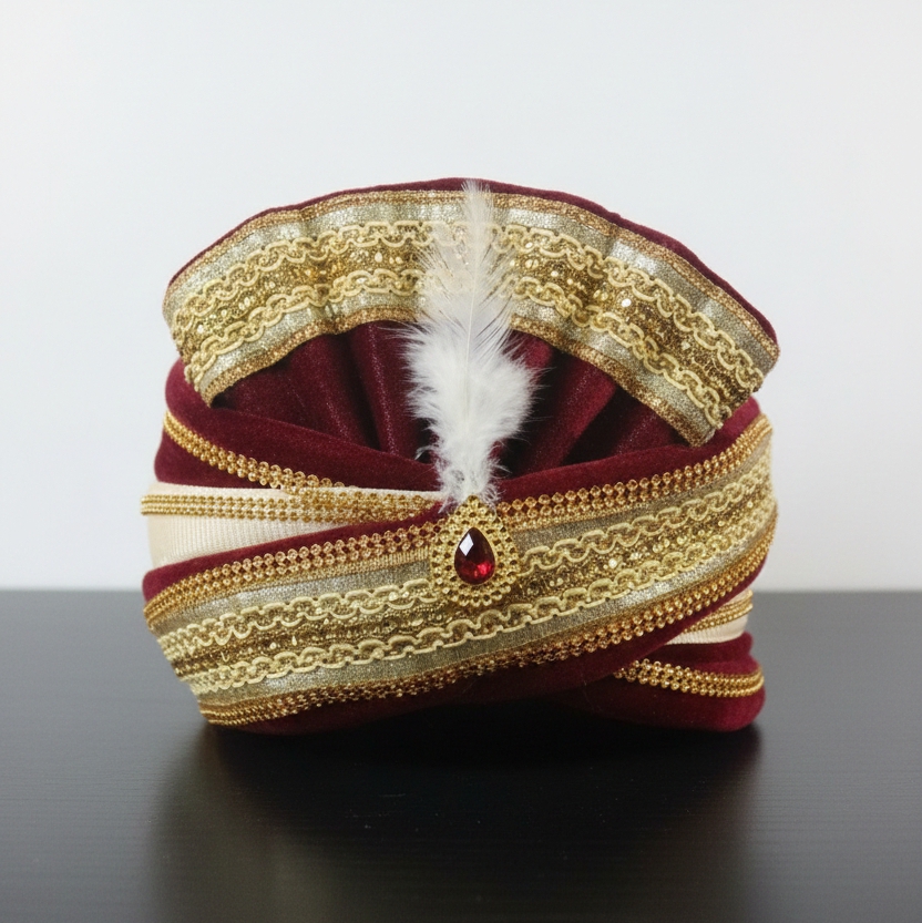 Wedding Pagdi for Men, Traditional Indian Groom Turban, Cream and Maroon with Golden Embellishments and Crystal Brooch Pagri / Pagdi / Pagadi / Safa - Image 3