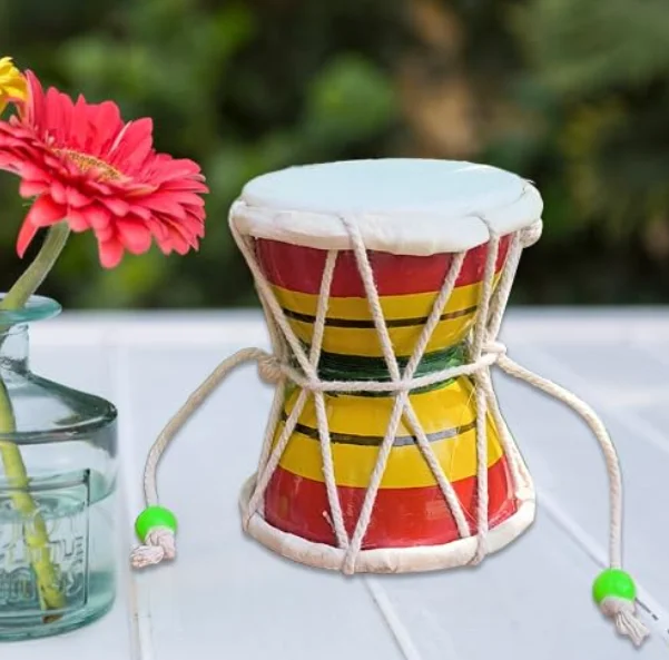 Handmade Damru - Traditional Indian Hand Percussion Musical Instrument for Pooja, Home Decor & Kids Toys