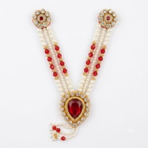 Traditional Artificial Pearl and Red Beaded With Jarkin Lace Garland / Necklace or “Moti Mala”,”Dulha Mala” or “Paan Haar”).
